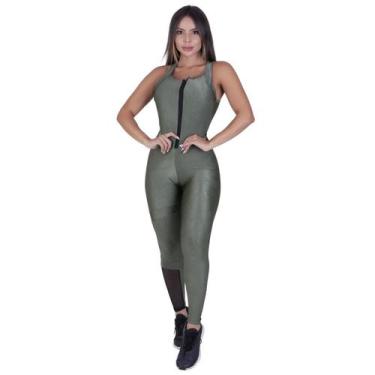 Imagem de Macacão Fitness Feminino Zíper Frente Cirrê Liso e Relevo Detalhe Tela