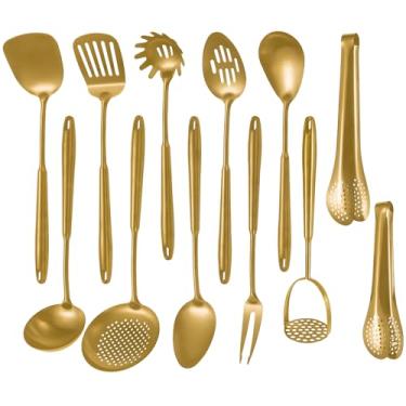 Imagem de Conjunto de utensílios de cozinha 304 Stainlss de aço fosco, 12 peças de utensílios de cozinha longos de metal com espátula, concha, concha, escumadeira, afinador, servidor de massa, pinças (ouro,
