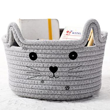 Imagem de Zopeal Cesta organizadora de tecido com orelhas decorativas para animais de estimação, cesta fofa de corda de algodão para presente, gato, cachorro, berçário (21 x 12 cm, cinza claro)