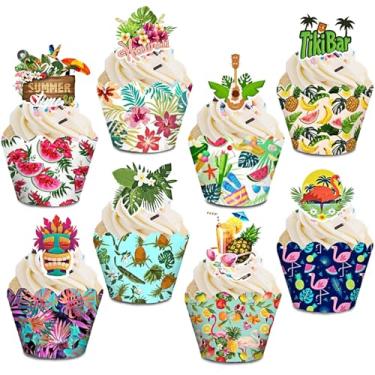 Imagem de 48 peças de enfeites de cupcake de luau havaiano para cupcake, topos de cupcake havaianos tropicais com flamingo abacaxi plumeria flor frutas folhas Tikbar para verão Aloha Havaí praia piscina suprimentos para festa