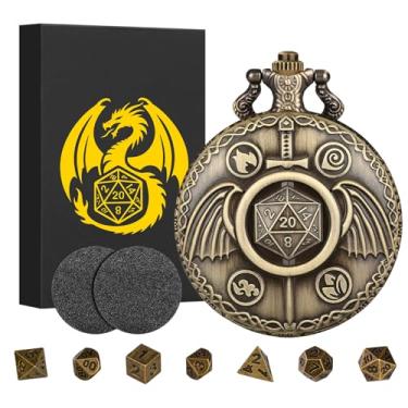 Imagem de Mini DND Dice Set with Steampunk Fighter Swords Pocket Watch Shell Case, Tiny 7pcs Polyhedral Metal D&D Dice, DND Gifts with Gift Box, Role Playing Board Games Accessories, Bronze