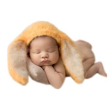 Imagem de Chapéu para fotografia de recém-nascido, mensal, para meninos e meninas, sessão de fotos, roupas de crochê, orelhas grandes, chapéu de coelho, sessão de fotografia, Amarelo, 0-8 week