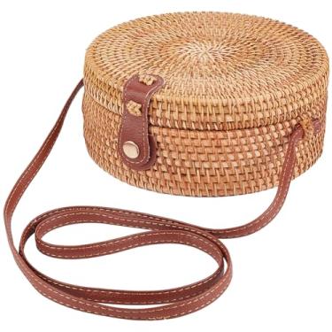 Imagem de GORGECFAFT Bolsa redonda de vime feita à mão grande bolsa de palha para mulheres, bolsa de tecido de vime feita à mão, círculo, oval, marrom, palha, boho, bolsa de ombro imitação de couro, alça