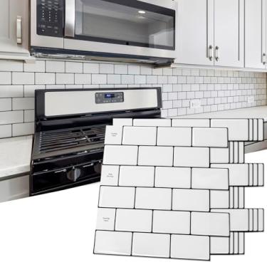 Imagem de Art3d Azulejo Backsplash de 10 folhas para descascar e colar de cozinha, adesivo de 30,5 x 30,5 cm em azulejos de metrô para cozinha, salpicos traseiros de banheiro, rejunte branco-preto