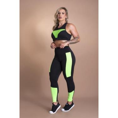 Imagem de Conjunto Fitness Feminino Calça Legging Cintura Alta Faixa Lateral Det
