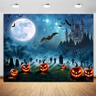 Imagem de Pano de fundo de Halloween 3 x 2,4 m, aplique de morcego de abóbora, céu estrelado, lua e noite, para decoração de festa de caminhão ou petisco, adereços para cabine de fotos de férias para crianças