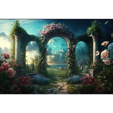 Imagem de 2,1 x 1,5 m, cenário de jardim, flores, vegetação com vista de céu nublado, fundo fotográfico, coluna, arco, flores cercadas, cenários de caminho de pedra, chá de bebê, crianças, adultos, fotos,