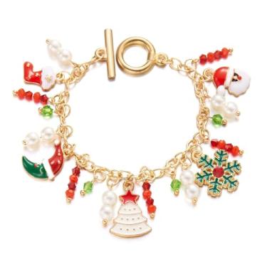 Imagem de Pulseiras com pingente de Natal fofas pulseiras de Natal coloridas com contas de Papai Noel, meias de árvore de Natal, floco de neve, caixa de presente, guirlanda, muleta, alce doce, pulseira com