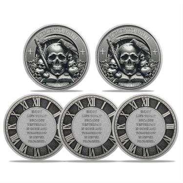 Imagem de RYUKENLM Pacote com 5 Moedas Memento Mori Crânio Desafio Moedas Estoico Lembrete Token Presentes Inspiradores Estoicismo para Prática Diária Moedas EDC