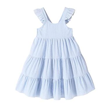 Imagem de Vestido de verão infantil para bebês meninas arco-íris princesa sem mangas praia borboleta, Vestido infantil listrado azul, 3-4 Anos