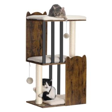 Imagem de FourFurPets Condomínio moderno de torre de árvore para gatos de 89,9 cm, 3 andares, arranhadores para gatos internos, placa grande, dois postes completos de sisal, marrom rústico
