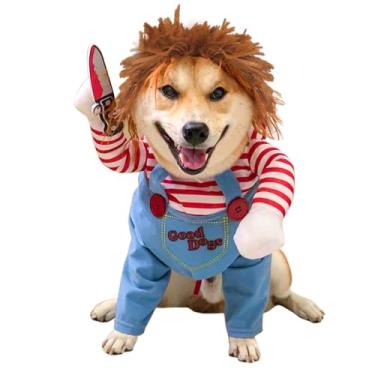 Imagem de Fantasia de cachorro de Halloween, fantasia engraçada de cachorro Chucky com peruca de animal de estimação, roupa assustadora para cosplay com faca para cães (médio)