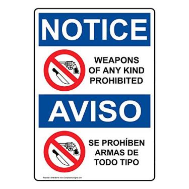 Imagem de Aviso Armas de Qualquer Tipo Proibido Bilíngue Etiqueta OSHA Decalque, Vinil de 18 x 12,7 cm para Álcool/Drogas/Armas por ComplianceSigns.com