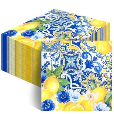 Imagem de Avezano 100 guardanapos de chá de panela capri limão 16,5 x 16,5 cm decorações de chá de panela de aperto principal decorações de festa de limão guardanapos descartáveis