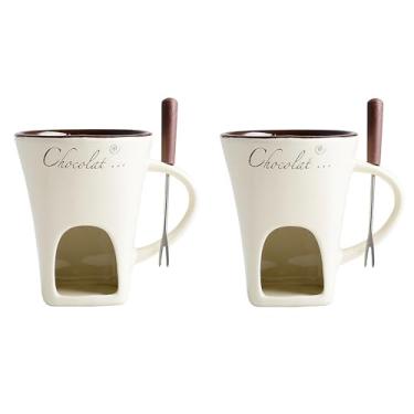 Imagem de ABPWO Caneca de fondue de chocolate, canecas de cerâmica para chocolate ou queijo, conjunto de copos de fondue de chocolate com garfos, ótimo para encontros noturnos, aniversários e presentes de