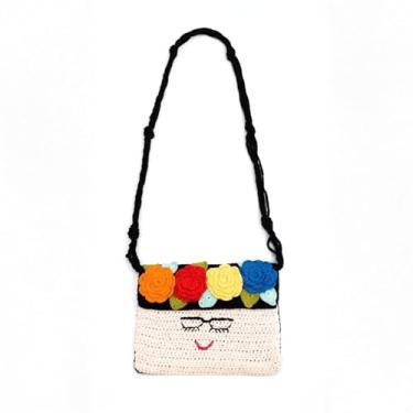Imagem de Bolsa de Ombro Frida Kahlo - 100% Algodão, Bolsa de Ombro Artesanal do Brasil, Bolsa Estética Hippie, Design de Crochê Feminino, Bolsa de Moda Artesanal para Meninas, Bolsas de Praia - Multicolor