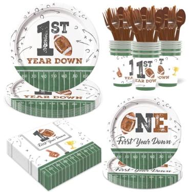 Imagem de LANGASQUE Football First Year Down Birthday Decorations, 168pcs Paper Plates Napkins Set Football Theme Dinnerware Including Plates, Napkins, Cups, Knives, Forks, Spoons for Birthday Party Supplies