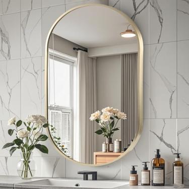 Imagem de CLBA Espelho oval de banheiro de 61 x 91 cm, espelho de parede dourado com moldura de metal escovado, espelhos ovais para banheiro, entrada, pia, sala de estar