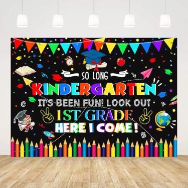 Imagem de AIBIIN 2,1 x 1,5 m Pano de fundo de pós-graduação de jardim de infância So Long Kindergarten It's Been Fun Look Out 1ª série Here I Come Fundo de fotografia preto parabéns 2025 decoração de festa de