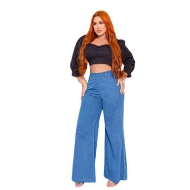 Imagem de Calça Jeans Pantalona Feminina com Lycra  Lavagem Clara Premium - PODE