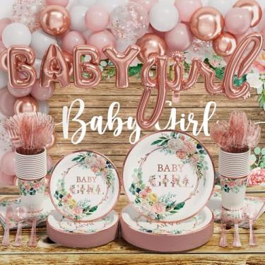Imagem de Ecomore Decorações de chá de bebê para meninas – 249 peças de artigos de festa e conjunto de louça descartável para bebês (25 convidadas) com pratos de papel florais e toalha de mesa balão