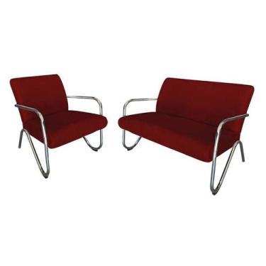 Imagem de Kit Namoradeira + Poltrona Decorativa Bela Suede Marsala  Braço Cromad