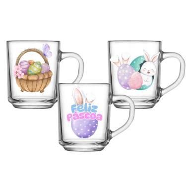 Imagem de Conjunto 3 Canecas de Vidro Resistente 225ml Personalizado Coleção Páscoa Acabamento Delicado Coelho Fofo Presente Kit Decorado
