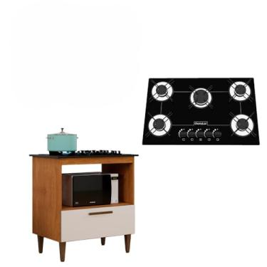 Imagem de Kit Balcão Cooktop 5 Bocas 1 Porta Nature Off White Com Fogão Cooktop Chamalux Preto