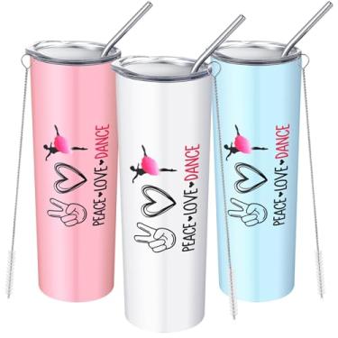 Imagem de FillTouch Conjunto de 3 copos de aço inoxidável para dançarinos de 590 ml, caneca de café para meninas, garrafa isolada de aço inoxidável com tampa e acessórios de canudo para amantes de dança,