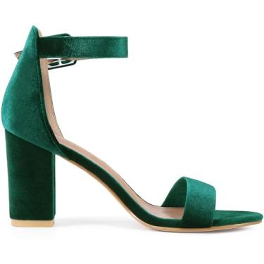 Imagem de Perphy Sandálias femininas de veludo com tira no tornozelo, salto grosso, bico aberto, Verde, 38