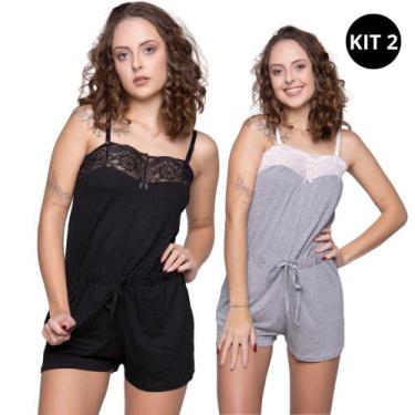 Imagem de Kit 2 Pijamas Macaquinho Feminino Com Alças Reguláveis e Detalhe em Re