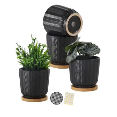 Imagem de TAMAYKIM Vasos de cerâmica de 11 cm com orifícios de drenagem, design de relevo, formato serrilhado, plantador de flores com bandeja para plantas de interior, suculentas, cactos e ervas, preto,