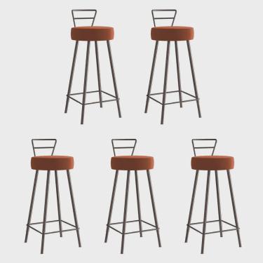 Imagem de Kit 05 Banqueta Alta Com Encosto Tina Eiffel Cozinha Bar Bistrô Ferro Marrom Sintético Laranja - Ahz Móveis
