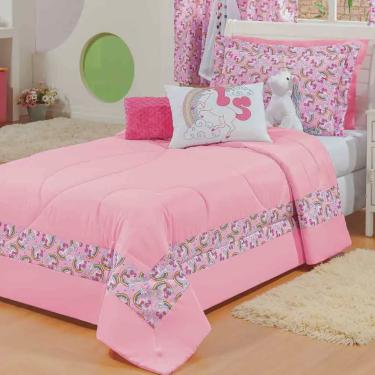 Imagem de Kit Infantil Unicórnio para Cama de Solteiro Rosa 05 Peças - Bordados Ricardo