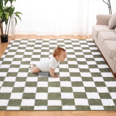 Imagem de Tapete super macio para quarto, 10 x 1,5 m, verde e branco, clássico, xadrez, felpudo antiderrapante, tapete macio e fofo para sala de estar, quarto, quarto de crianças, berçário, decoração de casa