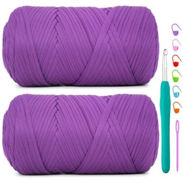 Imagem de Pacote com 2 camisetas para crochê, roxa, tecido elástico macio, grosso, grosso, fio de crochê para crochê, tricô iniciante, bolsa de tricô à mão/artesanato faça você mesmo/decoração de casa 2 * 400G