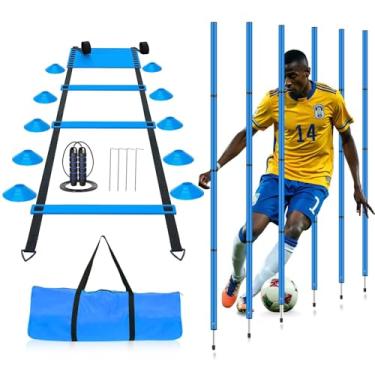 Imagem de YGORTECH Equipamento de treinamento de agilidade de futebol, inclui escada de agilidade de 6 metros, 6 bastões de agilidade ajustáveis, 10 cones de disco, conjunto de treinamento de velocidade de