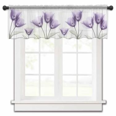 Imagem de Funnywall88 Cortina transparente de tulipa roxa de raios-X para janelas de cozinha, flor primavera planta aquarela chiffon tratamentos de janela bolso canoa curto top sanefa para sala de estar