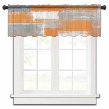 Imagem de Cortina transparente xadrez cinza laranja branca ombré para janelas de cozinha, pintura a óleo geométrica abstrata, tratamentos de janela de chiffon, bolso de haste, saia curta para sala de estar
