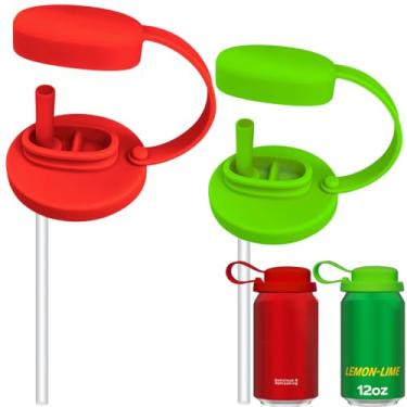 Imagem de 2 tampas de silicone para latas de refrigerante com palha, tampas de lata pop com alça, capas reutilizáveis para bebidas de tamanho padrão, suco, coca, refrigerante, cerveja e seltzer, evita poeira