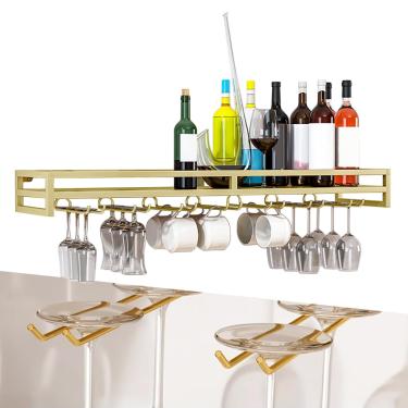 Imagem de Suporte De Copo De Vinho De Parede 5/7/9 Linhas De Suporte De Copo De Vinho Para Bar De Cozinha, Economia De Espaço 24" 32" 40" Prateleiras De Parede De Prateleiras De Taça, Gold, 32"(80cm)