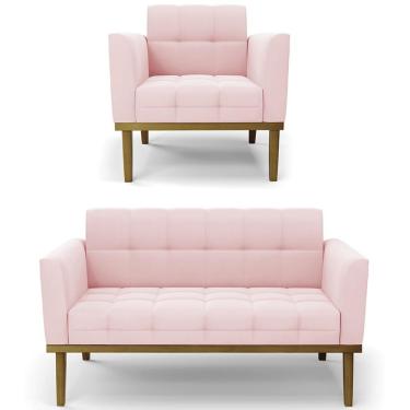 Imagem de Sofá Namoradeira E 1 Poltrona Base Madeira Castanho Ana Suede Rosa Bebê - Ibiza