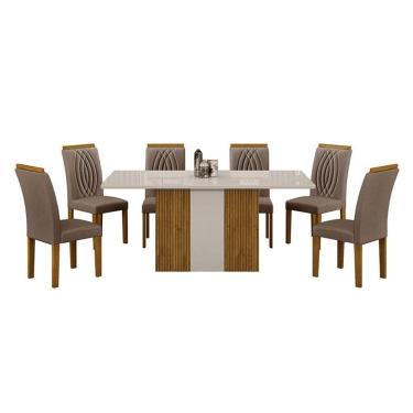 Imagem de Mesa de Jantar Doha 160x80 Reto Freijó Decor Off White com 6 Cadeiras Freijó Joli Camurça - Leifer Móveis