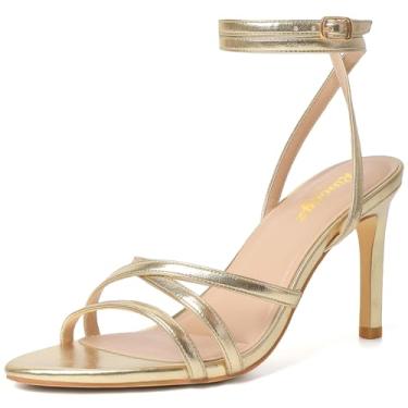 Imagem de RIBONGZ Sandálias femininas de salto agulha gatinho com tiras no tornozelo, salto alto, bico aberto, salto alto, casamento, noiva, festa de formatura, Pulseira dourada, 36