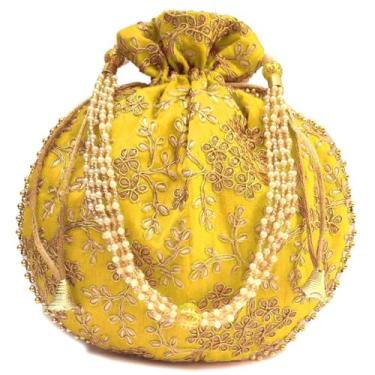 Imagem de Bolsa Potli para mulheres com fio de ouro intrincado e lantejoulas étnico bordado trabalho Batwa Pearls Handle, Amarelo, Medium