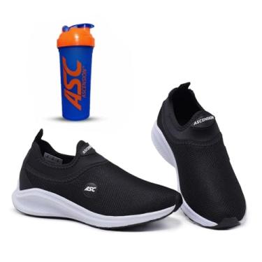 Imagem de Tênis Ortopédico Unissex Tipo Meia Ascension + Coqueteleira Marinho e Laranja | Calce Fácil, Leve, Confortável – Ideal para Caminhada, Academia e Uso Diário (Preto e Branco, BR, Adulto, Numérico, 44)