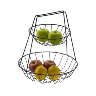 Imagem de Fruteira Dupla de Mesa Preta em Aço Inox, 2 Andares Ideal para Armazenar para Frutas e Legumes