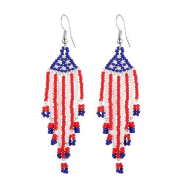 Imagem de HZMAN Brincos femininos Boho com contas de acrílico, bandeira nacional da América, brincos pendentes de franja, brinco, joias para presente