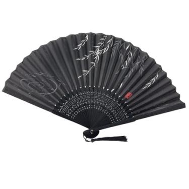 Imagem de Leque de Madeira Oriental Ventilador de Mão Estampado Chique (0107 Preto)