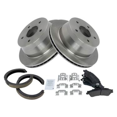 Imagem de TRQ Kit de freio traseiro Rotor semimetálico Pastilha de freio compatível com 97-05 Blazer 97-01 Bravada 98-00 Hombre 97-01 Jimmy 98-04 S-15 Sonoma 99-04 S10 Pickup 4WD somente modelos